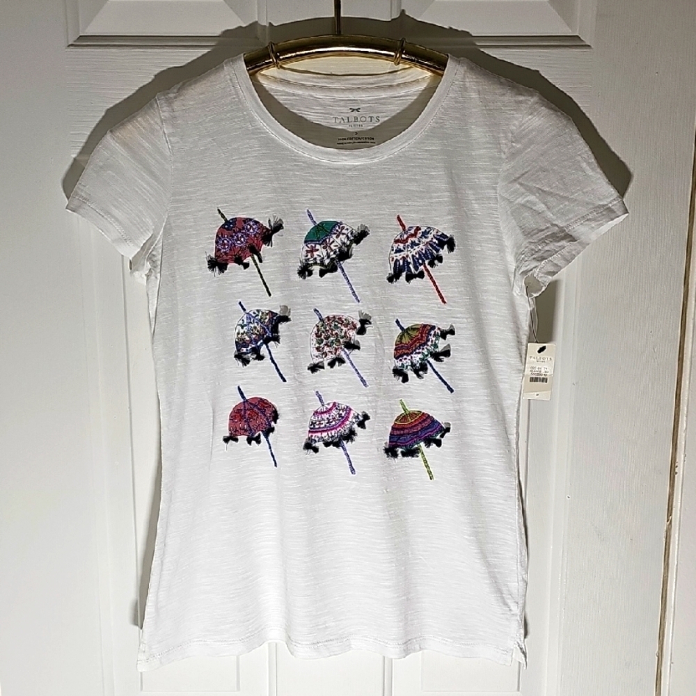 Talbots White Umbrella‎ Print T-Shirt. Size P SMALL.NWT